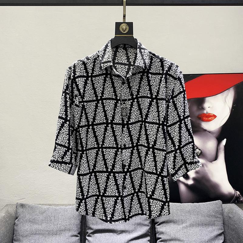 Áo Sơ Mi Chiffon Lụa Lạnh Tay Ngắn Dáng Rộng Họa Tiết Hình Thoi Màu Đen Phong Cách Hàn Quốc Cho Nam Giới Size M-4Xl