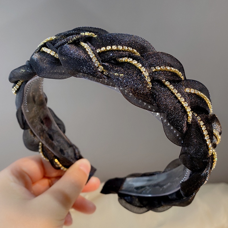 Băng Đô Dạng Xoắn Bản Rộng Bằng Vải Organza Đính Kim Cương Nhân Tạo Phong Cách Hàn Quốc