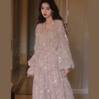 Đầm Công Chúa Dài Vải Chiffon Tay Phồng Đính Kim Sa Lấp Lánh Màu Hồng Cổ Điển Cao Cấp