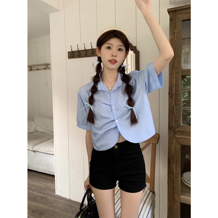 Áo Sơ Mi Tay Ngắn Màu Trắng Phong Cách Pháp Thanh Lịch Dành Cho Nữ