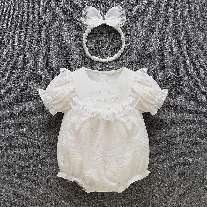Mùa Hè Tay Ngắn Ren Trắng Bé Gái Body Áo Liền Quần Cotton Quần Công Chúa Bé Gái Quần Áo