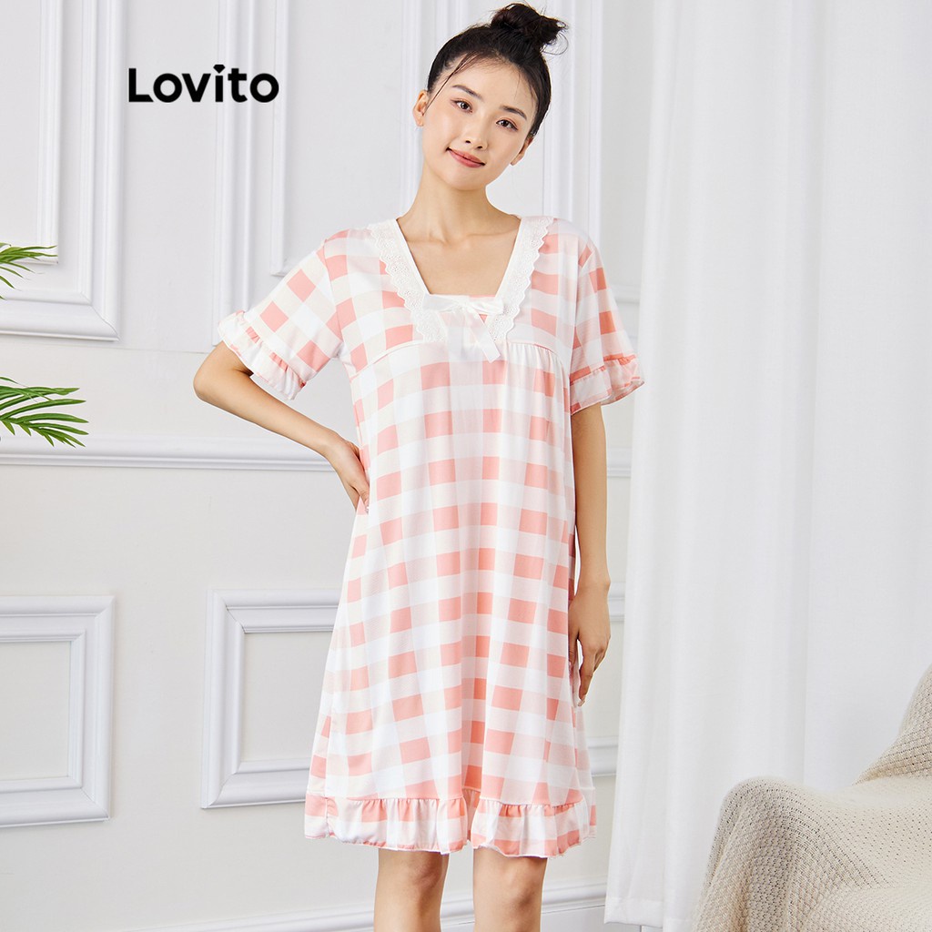 Lovito Đầm Ngủ Phối Ren Họa Tiết Màu Hồng Tương Phản L15X104