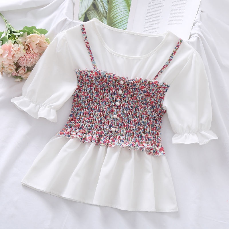 Áo Kiểu Chiffon Tay Phồng Xếp Ly Họa Tiết Hoa Phong Cách Hàn Quốc