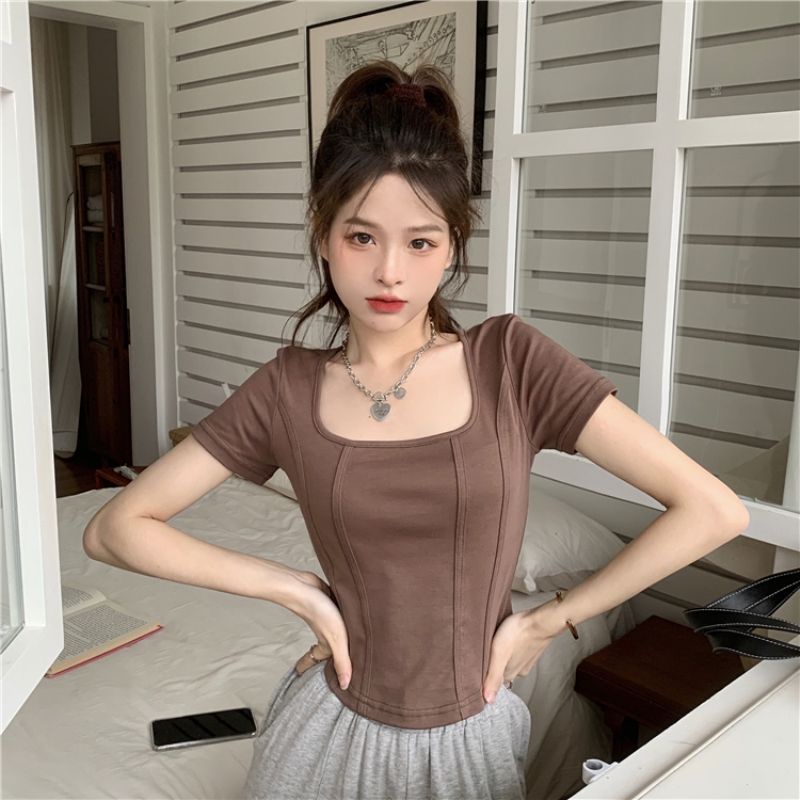 COZOK Áo Thun Nữ Tay Ngắn Cổ Vuông Phong Cách Hàn Quốc