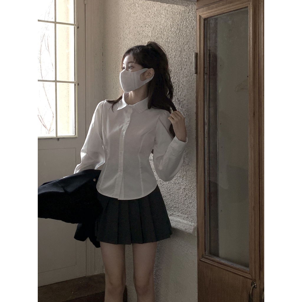 QADCOL Áo Sơ Mi Trắng Tay Phồng Ôm Dáng Kèm Quần Legging Ngọt Ngào Thời Trang Mới Cho Nữ