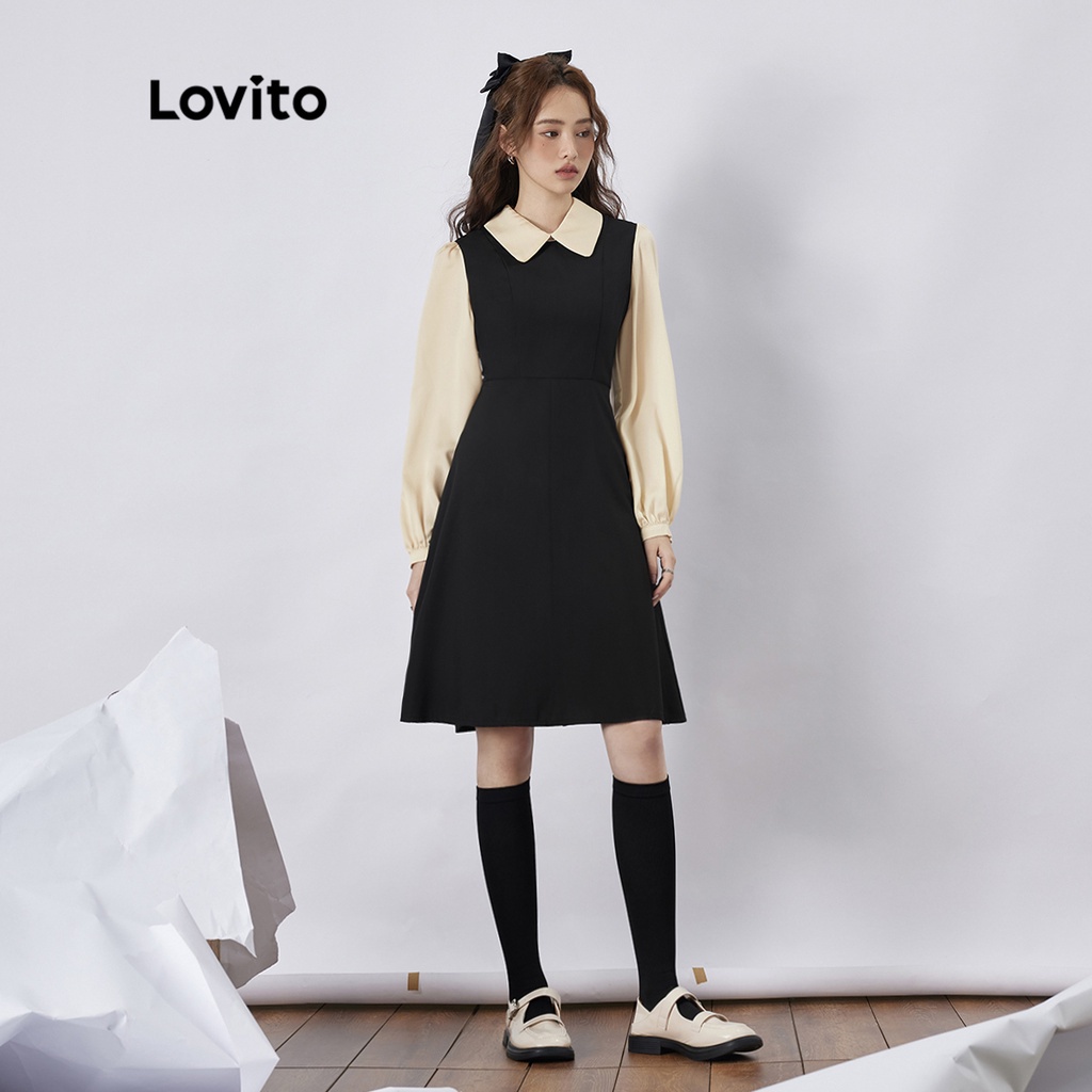 Lovito Vintage Patchwork Tương phản Búp bê Cổ áo Nướng Dài tay Phụ nữ Váy L35AD065