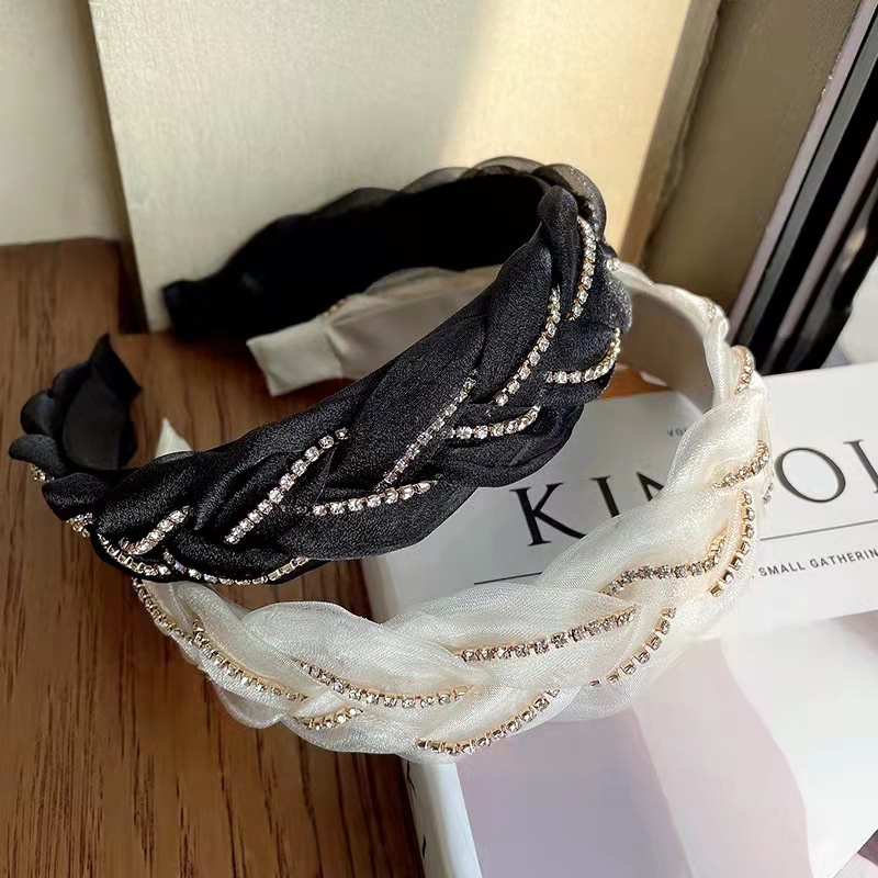 Băng Đô Dạng Xoắn Bản Rộng Bằng Vải Organza Đính Kim Cương Nhân Tạo Phong Cách Hàn Quốc