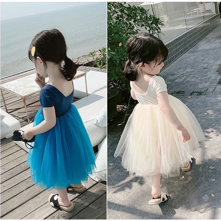 Đầm Lưới Tay Ngắn Màu Trơn Thời Trang Mùa Hè Xinh Xắn Cho Bé Gái