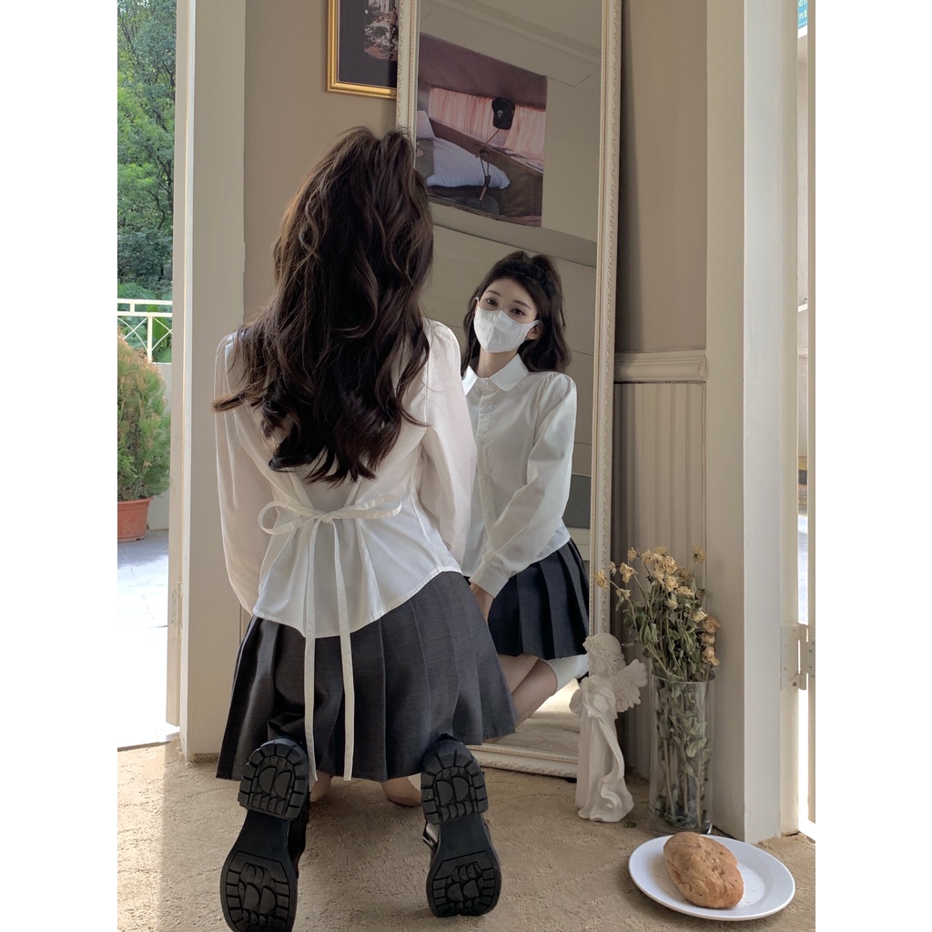 QADCOL Áo Sơ Mi Trắng Tay Phồng Ôm Dáng Kèm Quần Legging Ngọt Ngào Thời Trang Mới Cho Nữ