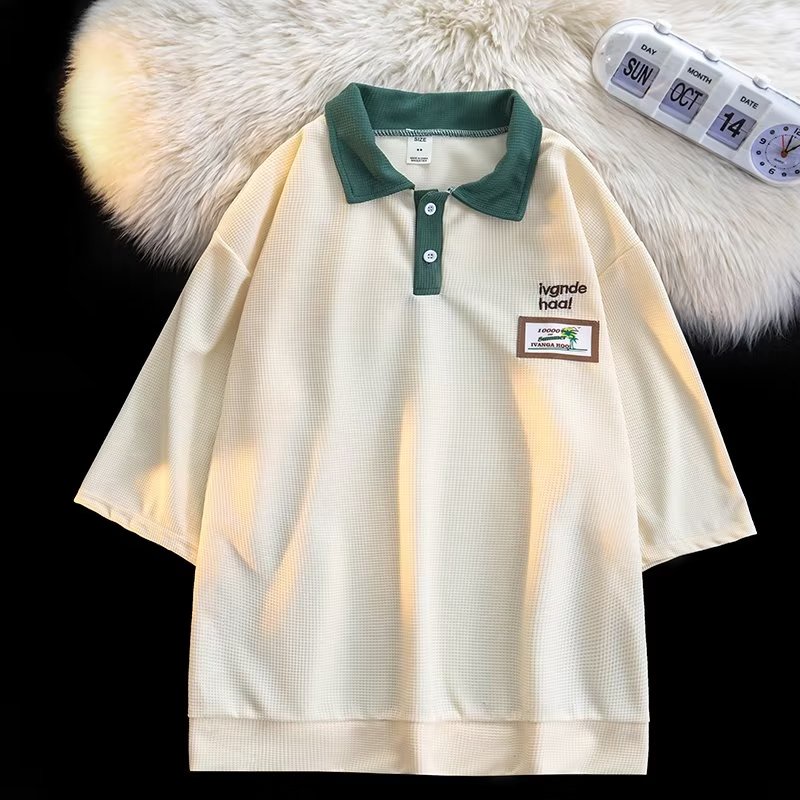 Áo Sơ Mi Tay Lửng Màu Trơn In Họa Tiết insPOLO Trẻ Trung Thời Trang Mùa Hè 2023 Phong Cách Harajuku Mới Cho Nam