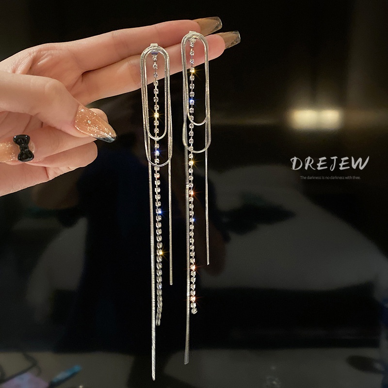 Khuyên tai DREJEW dáng dài đính đá zircon phong cách Âu Mỹ thời trang cho nữ