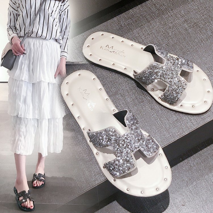 Dép Sandal Đế Bằng Đính Đá Thời Trang 2023 Cho Nữ