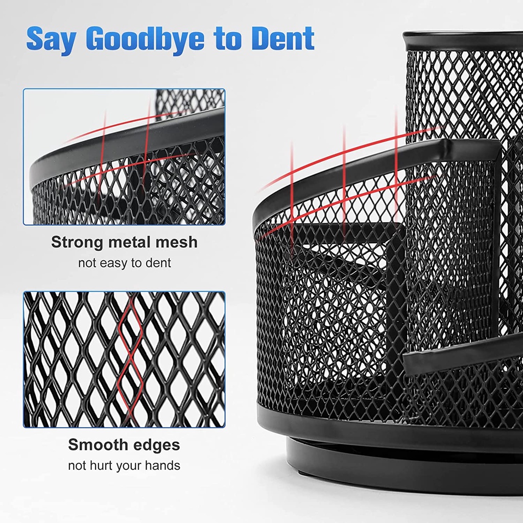 360 Degree Rotating Mesh Desk Organizer Rotating Metal Pen Pencil Desktop Holder With 5 Compartments For School Home Office Art Supply Storage Box
