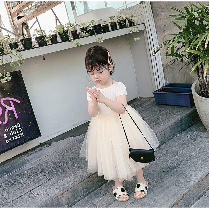 Đầm Lưới Tay Ngắn Màu Trơn Thời Trang Mùa Hè Xinh Xắn Cho Bé Gái