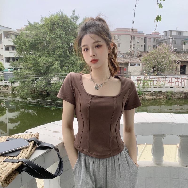 COZOK Áo Thun Nữ Tay Ngắn Cổ Vuông Phong Cách Hàn Quốc