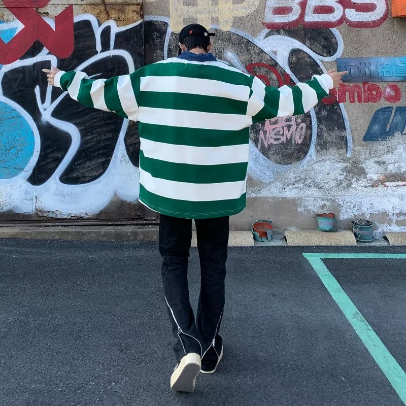 Áo Thun POLO Tay Dài Dáng Rộng Họa Tiết Kẻ Sọc Phong Cách Harajuku Thời Trang Mùa Hè Mới 2023 Dành Cho Bạn Nam