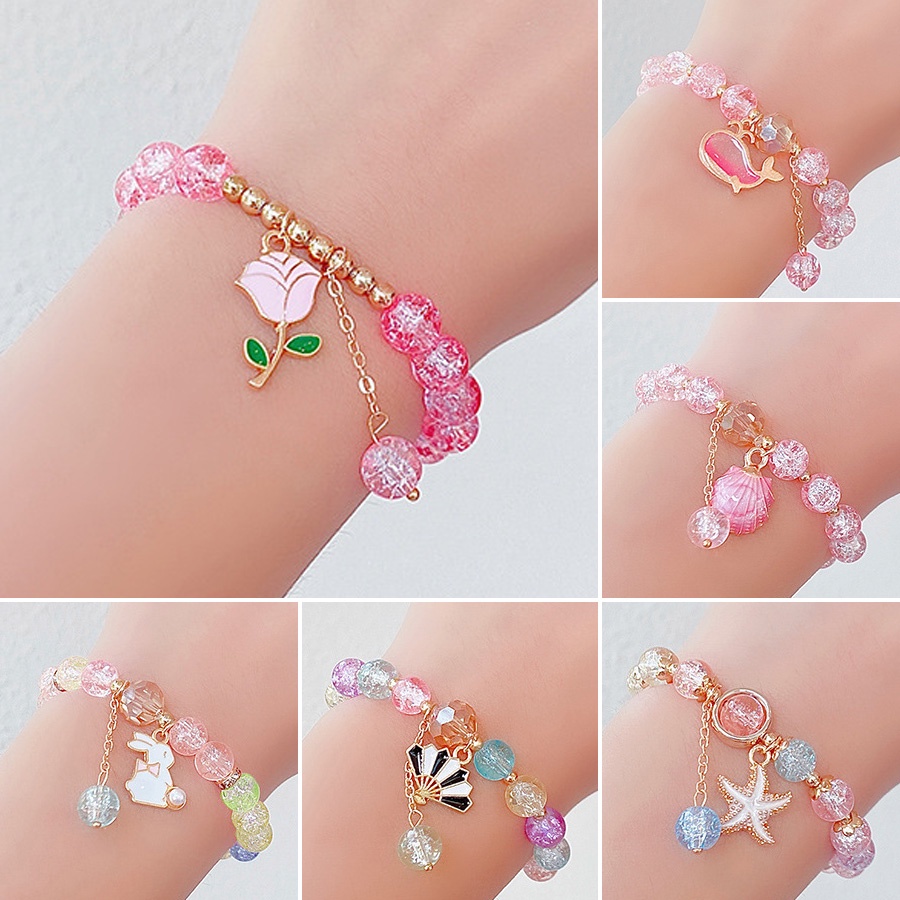 Vòng Tay Chuỗi Hạt Thủy Tinh Co Giãn Mặt Hình Thỏ Hoa Hồng Hoạt Hình Dễ Thương Cho Nữ