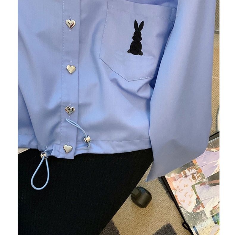 Áo Sơ Mi Ngắn Thắt Eo Có Dây Rút Thêu Hình Thỏ Phong Cách Mỹ Mẫu Mới 2023 Thời Trang Mùa Xuân 2023 Dành Cho Bạn Nữ