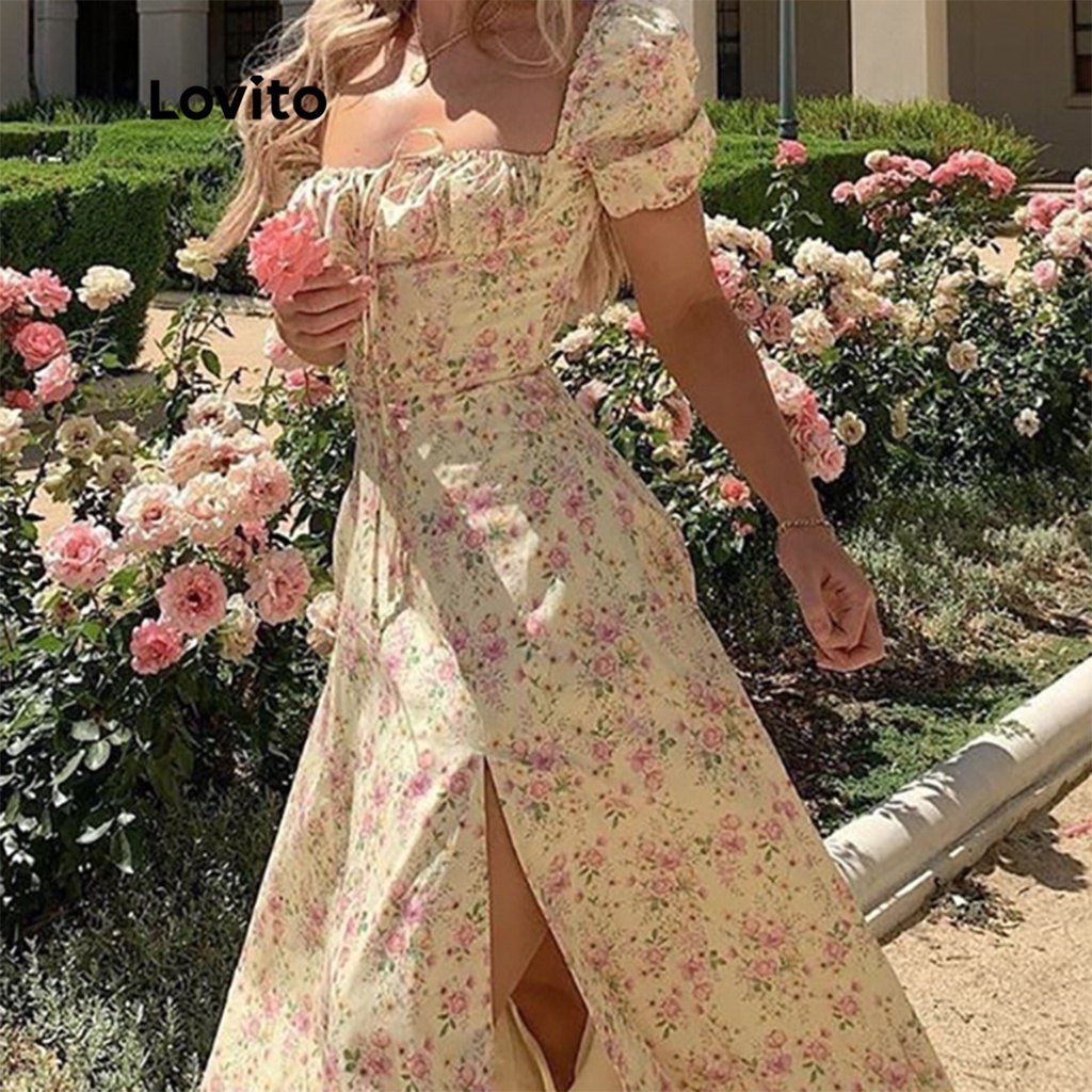 Đầm midi Lovito hở tay phồng phối ren họa tiết hoa Boho cho nữ LNL01074 (màu mơ/xanh lá)