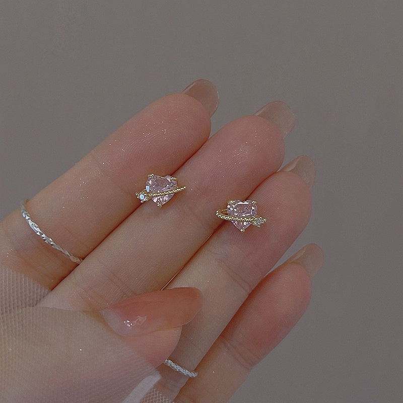 1 Đôi Bông Tai Nữ Thiết Kế Hình Trái Tim Đính Đá Zircon Màu Hồng Ngọt Ngào