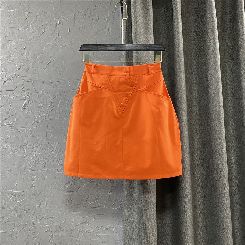 Chân Váy Denim Lưng Cao Dáng Ôm Màu Cam Cài Một Hàng Nút Thoải Mái Thời Trang Phổ Biến Cho Nữ
