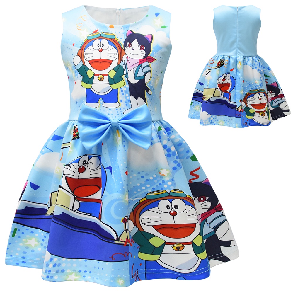 Đầm Phối Nơ In Hình doraemon Thời Trang Dành Cho Bé Gái 3-8 Tuổi