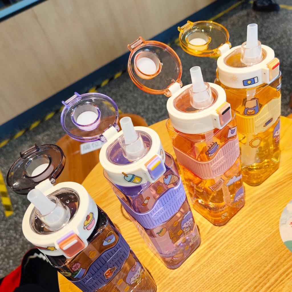 Bình Nước Vuông 550ml Có Đai Cao Su Chống Trượt + Dây Đeo + Sticker SHUIYINZI