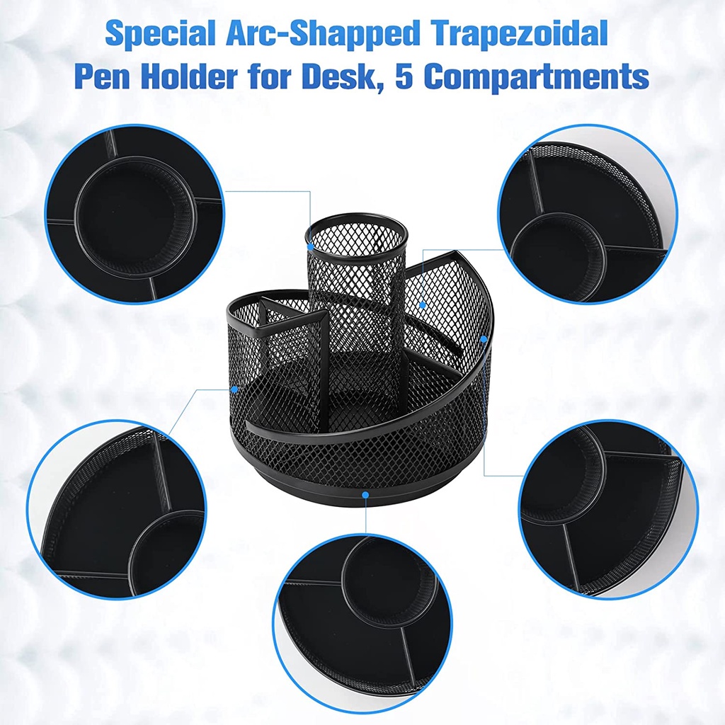 360 Degree Rotating Mesh Desk Organizer Rotating Metal Pen Pencil Desktop Holder With 5 Compartments For School Home Office Art Supply Storage Box