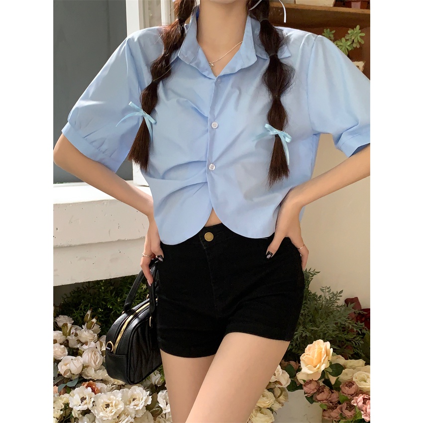 Áo Sơ Mi Tay Ngắn Màu Trắng Phong Cách Pháp Thanh Lịch Dành Cho Nữ