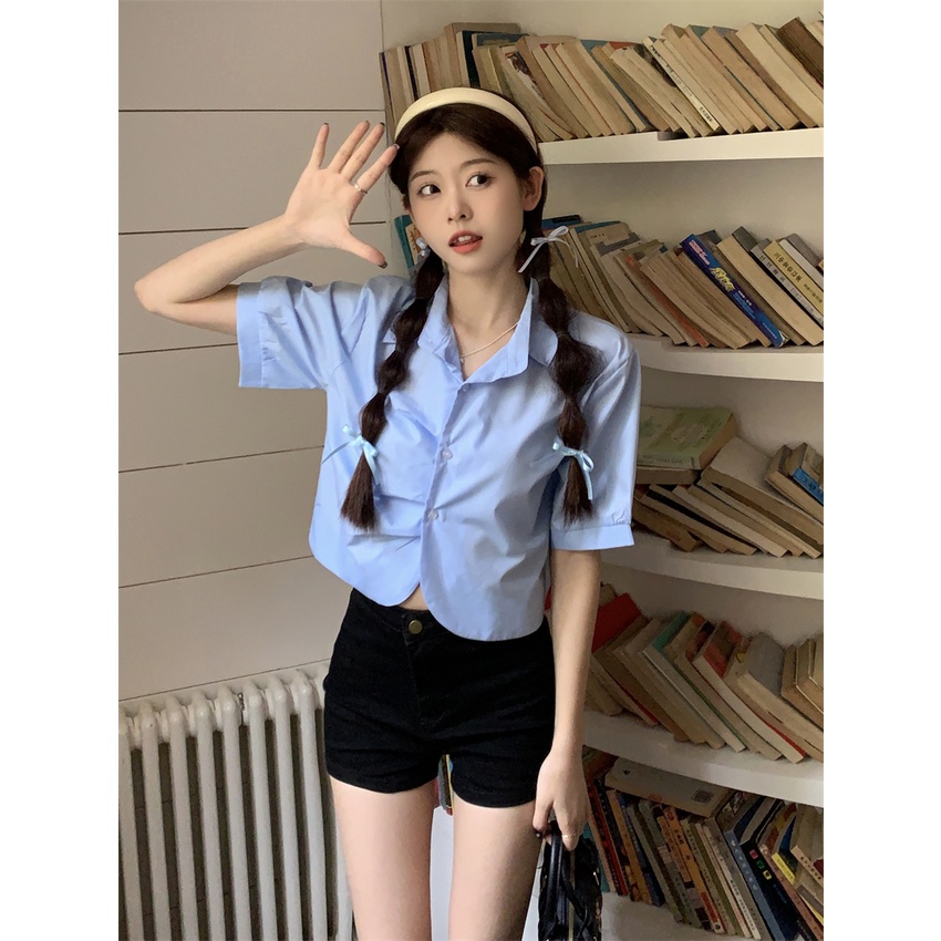 Áo Sơ Mi Tay Ngắn Màu Trắng Phong Cách Pháp Thanh Lịch Dành Cho Nữ
