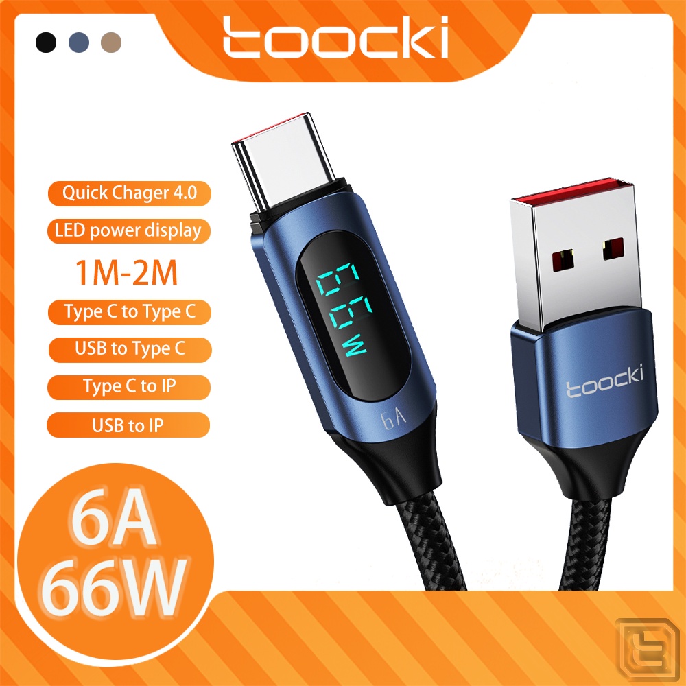Cáp Sạc Nhanh Toocki 66W 6A USB Type C 5A 100W Type C Sang Type C Có Đèn LED Hiển Thị Kỹ Thuật Số 3A 2.4A 10S Cho Android / PC