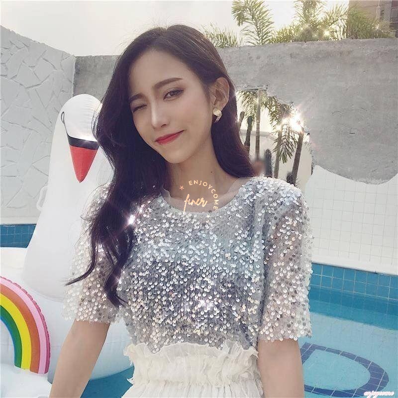 Áo Sơ Mi Chiffon Tay Ngắn Phối Lưới Đính Kim Sa Lấp Lánh Thời Trang Mùa Hè Hàn Quốc 2023