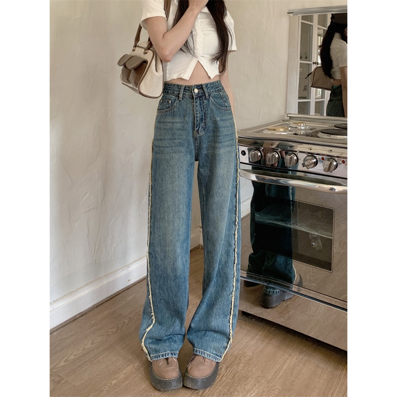 Giá Thật Thời Trang Hàn Quốc ~ Hot Girl Niche Quần Jean Ống Rộng Viền Thô Phong Cách Retro Hàn Quốc