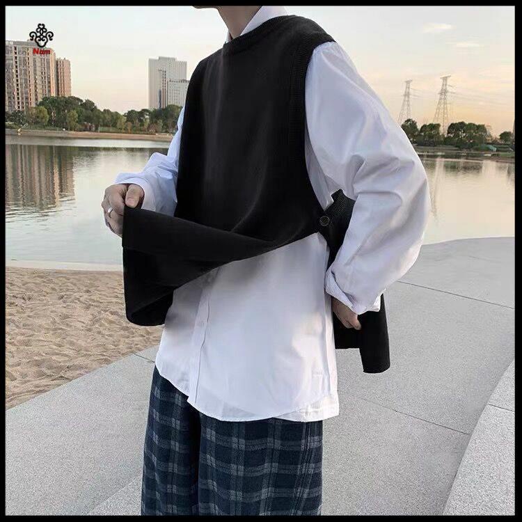 Chất lượng cao O Áo Vest nam D Y len oversize Xẻ Tà Dệt Kim#Áo Khoác Sweater Sát Nách Màu Đỏ Tươi Sáng Thương Hiệu Thời Trang Mùa Thu 39; s