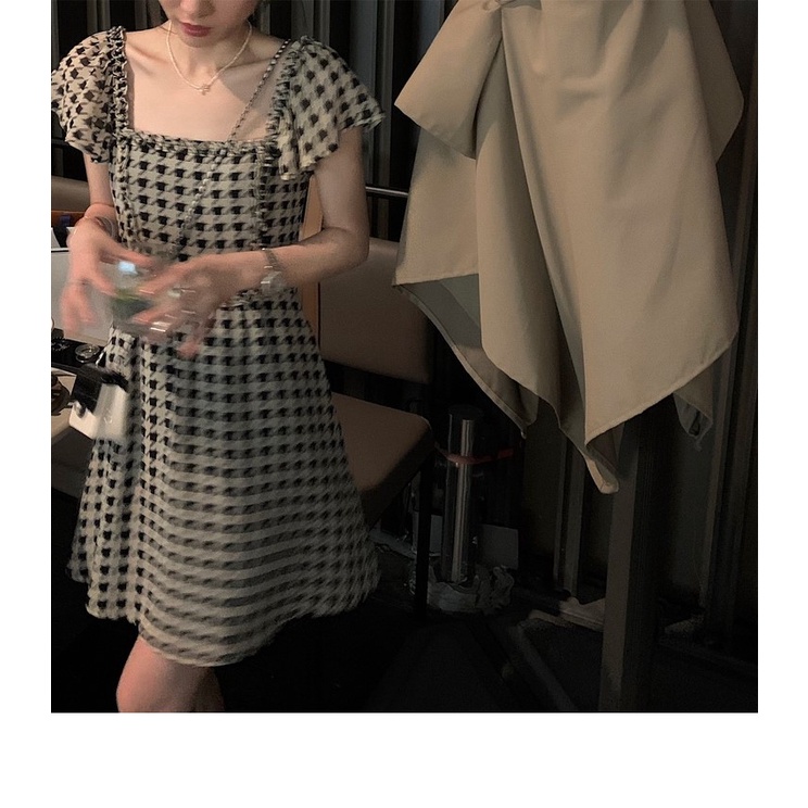 Đầm Tay Phồng Cổ Vuông Họa Tiết Houndstooth Phong Cách Pháp