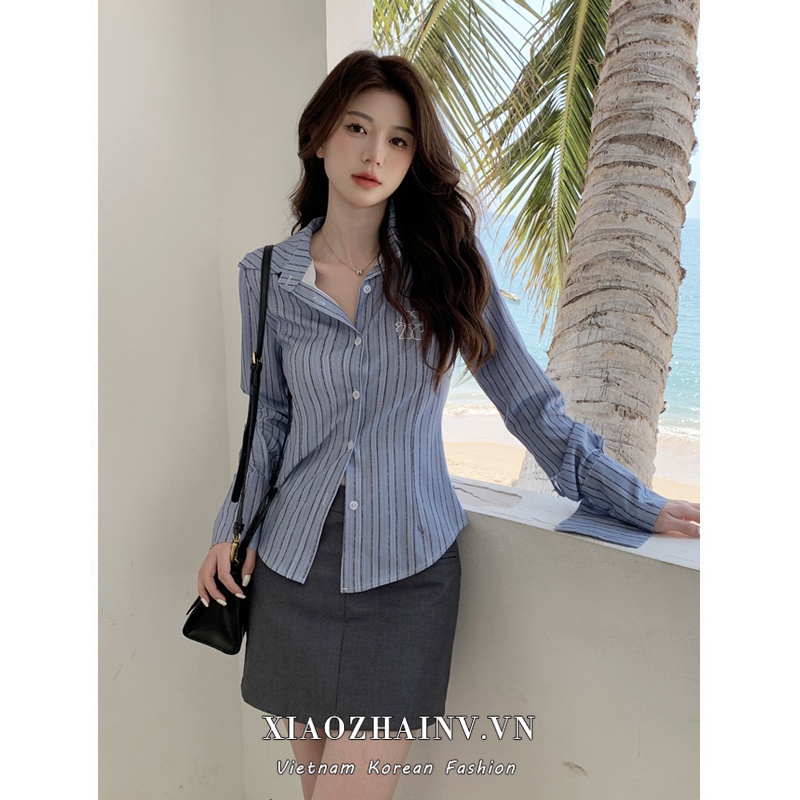 Xiaozhainv Áo Sơ Mi Tay Dài / Chân Váy Chữ A Mini Kẻ Sọc Gợi Cảm Phong Cách Hàn Quốc Cho Nữ