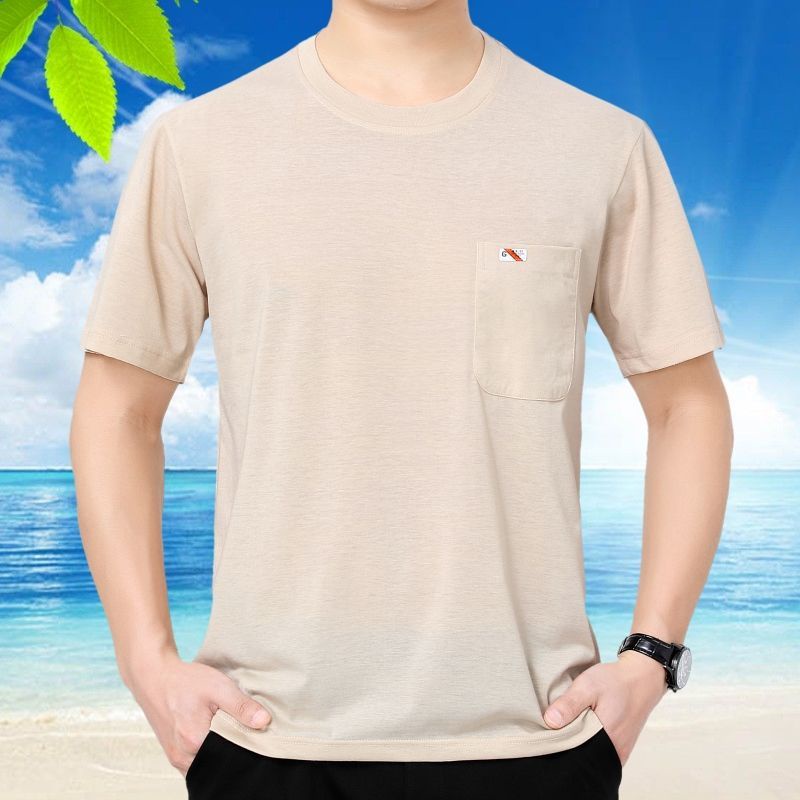 Áo Thun Ngắn Tay Cổ Tròn Có Túi Phong Cách Hàn Quốc Cho Nam Trung Niên