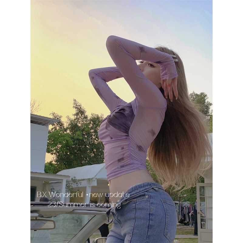 Cocory vn Áo Thun Tay Dài Dáng Ôm Cổ Chữ V Nhuộm Màu Thời Trang Cho Nữ