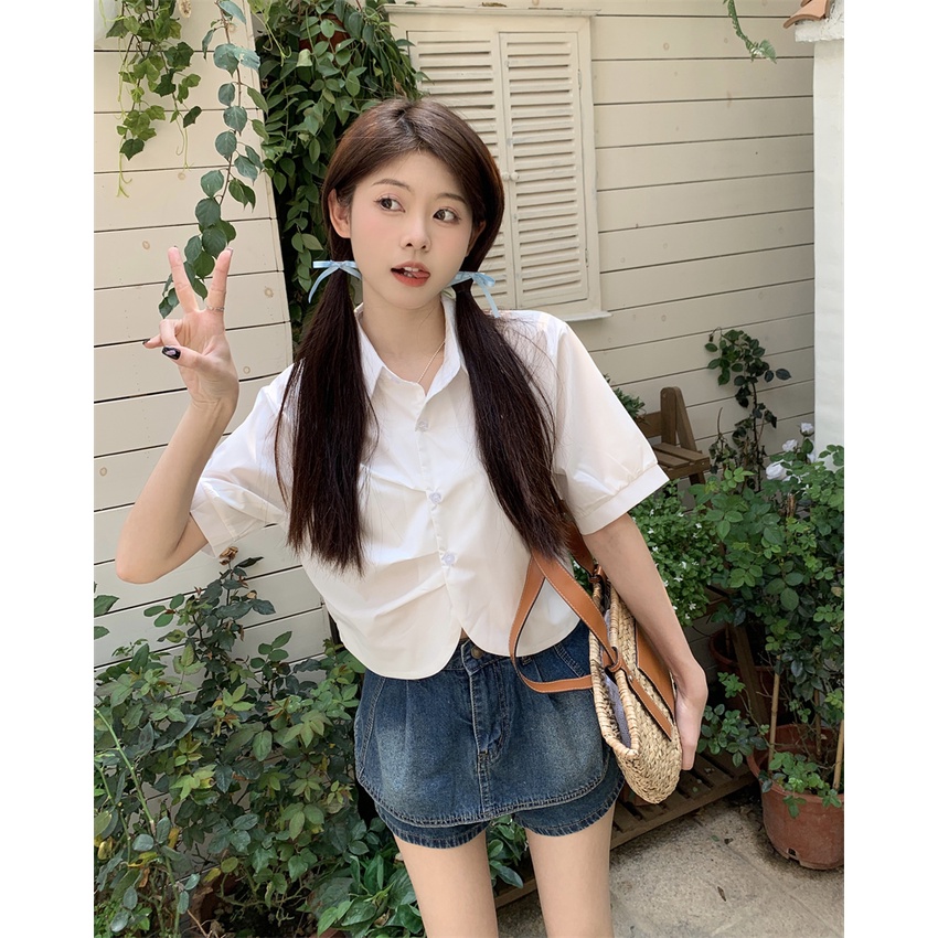 Áo Sơ Mi Tay Ngắn Màu Trắng Phong Cách Pháp Thanh Lịch Dành Cho Nữ