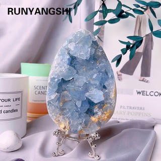 Đá thạch anh tự nhiên màu xanh hình quả trứng kèm đế