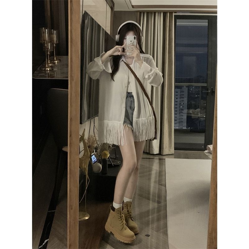 Áo Sơ Mi Chống Nắng Tay Dài Dáng Rộng Bằng Lụa Lạnh Mỏng Phối Tua Rua Phong Cách Thời Trang Mùa Hè Hàng