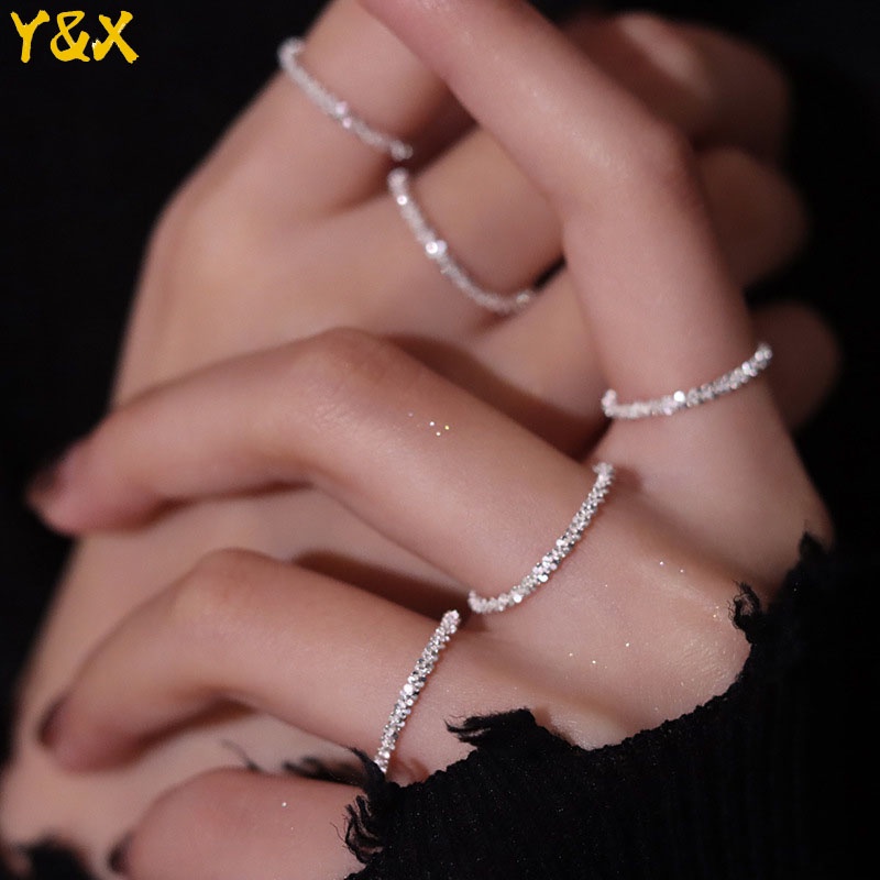 【Y&X】Nhẫn Mạ Bạc 925 Đính Đá Lấp Lánh Thiết Kế Đơn Giản