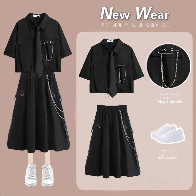 Set Áo Sơ Mi Ngắn Tay + Chân Váy Chữ A Lưng Cao Thời Trang Hàn Cho Nữ se