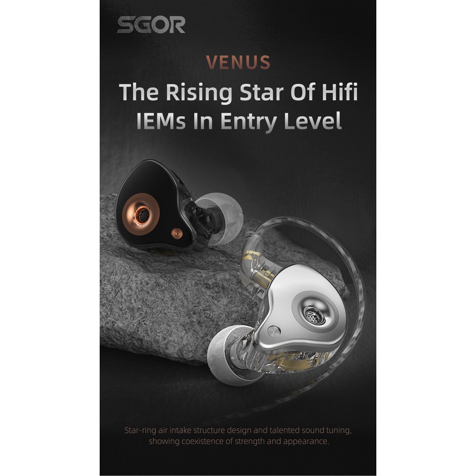 SGOR VENUS Dual Magnetic Dynamic Driver In Ear Earphone Monitor IEM with Semi-open Cavity, Detachable 0.78mm 2Pin OFC Cable