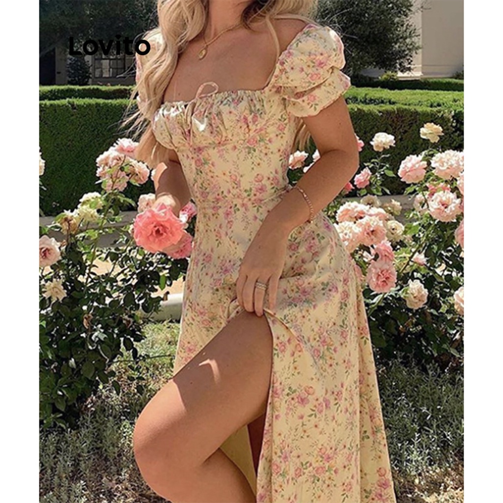 Đầm midi Lovito hở tay phồng phối ren họa tiết hoa Boho cho nữ LNL01074 (màu mơ/xanh lá)