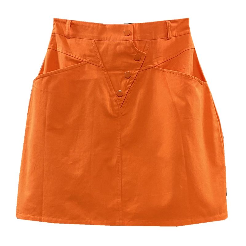 Chân Váy Denim Lưng Cao Dáng Ôm Màu Cam Cài Một Hàng Nút Thoải Mái Thời Trang Phổ Biến Cho Nữ