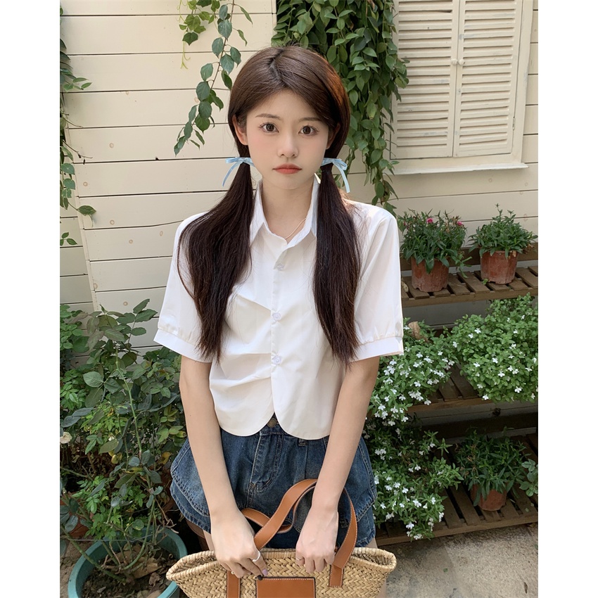 Áo Sơ Mi Tay Ngắn Màu Trắng Phong Cách Pháp Thanh Lịch Dành Cho Nữ