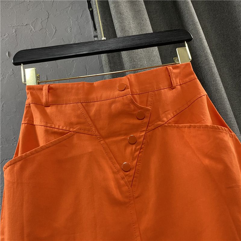 Chân Váy Denim Lưng Cao Dáng Ôm Màu Cam Cài Một Hàng Nút Thoải Mái Thời Trang Phổ Biến Cho Nữ