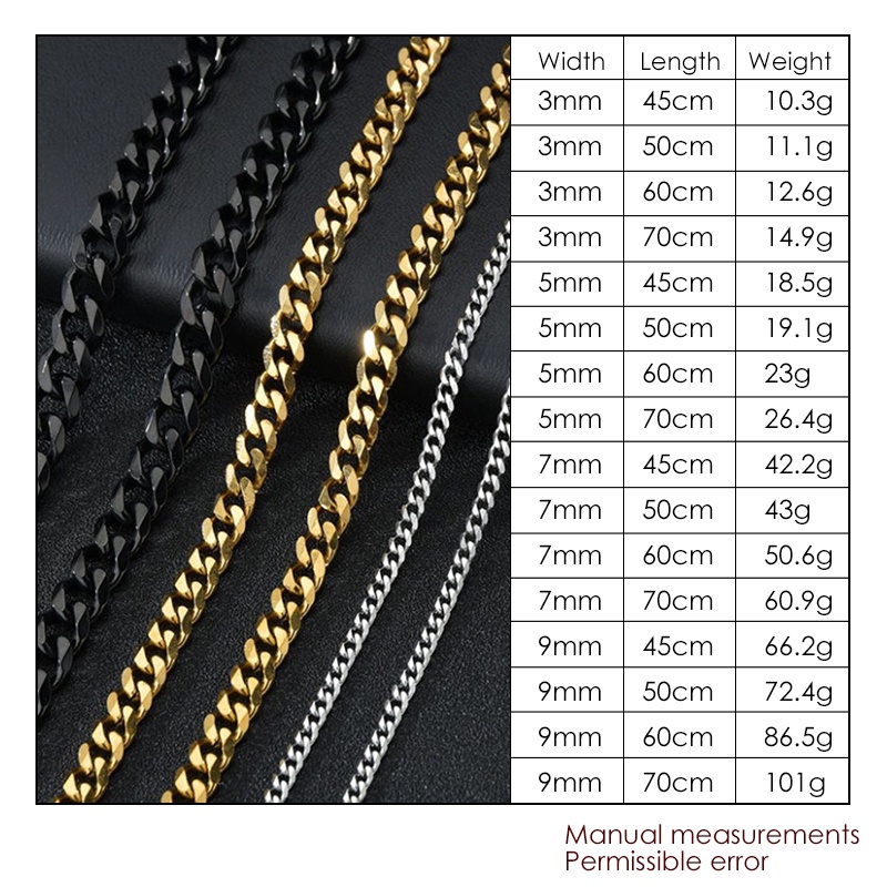 Vòng cổ Sợi Xích Chiều Rộng 3 / 5 / 7 / 9MM Bằng Thép Không Gỉ Phong Cách Hip Hop Đơn Giản Thời Trang Cho Nam