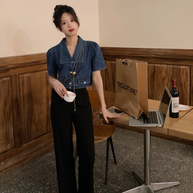 Áo Sơ Mi Denim Tay Ngắn Phong Cách Thời Trang Hàn Quốc Mới 2023